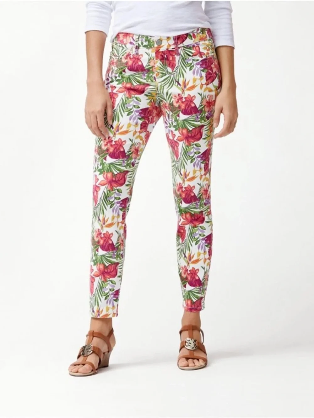 Tommy Bahama Marabella Blooms Ankle Skinny Jeans White Tropical Print Size 30